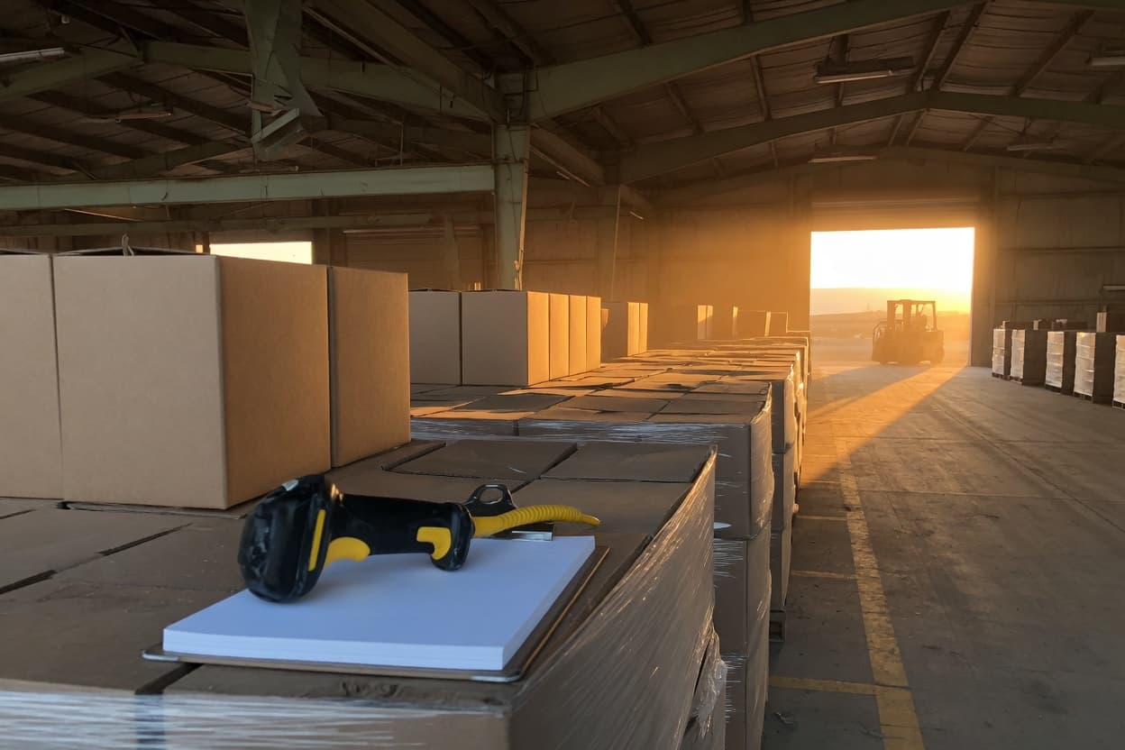 A produce packing warehouse near Moses Lake at sunset: a handheld barcode scanner and a blank clipboard on a pallet of boxes, a forklift in the open bay door.