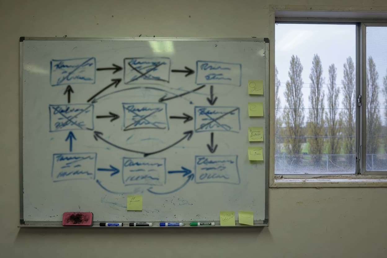 A whiteboard in a small Pasco office with a hand-drawn flow of boxes and arrows and a column of sticky notes, poplar trees through the window on an overcast morning.