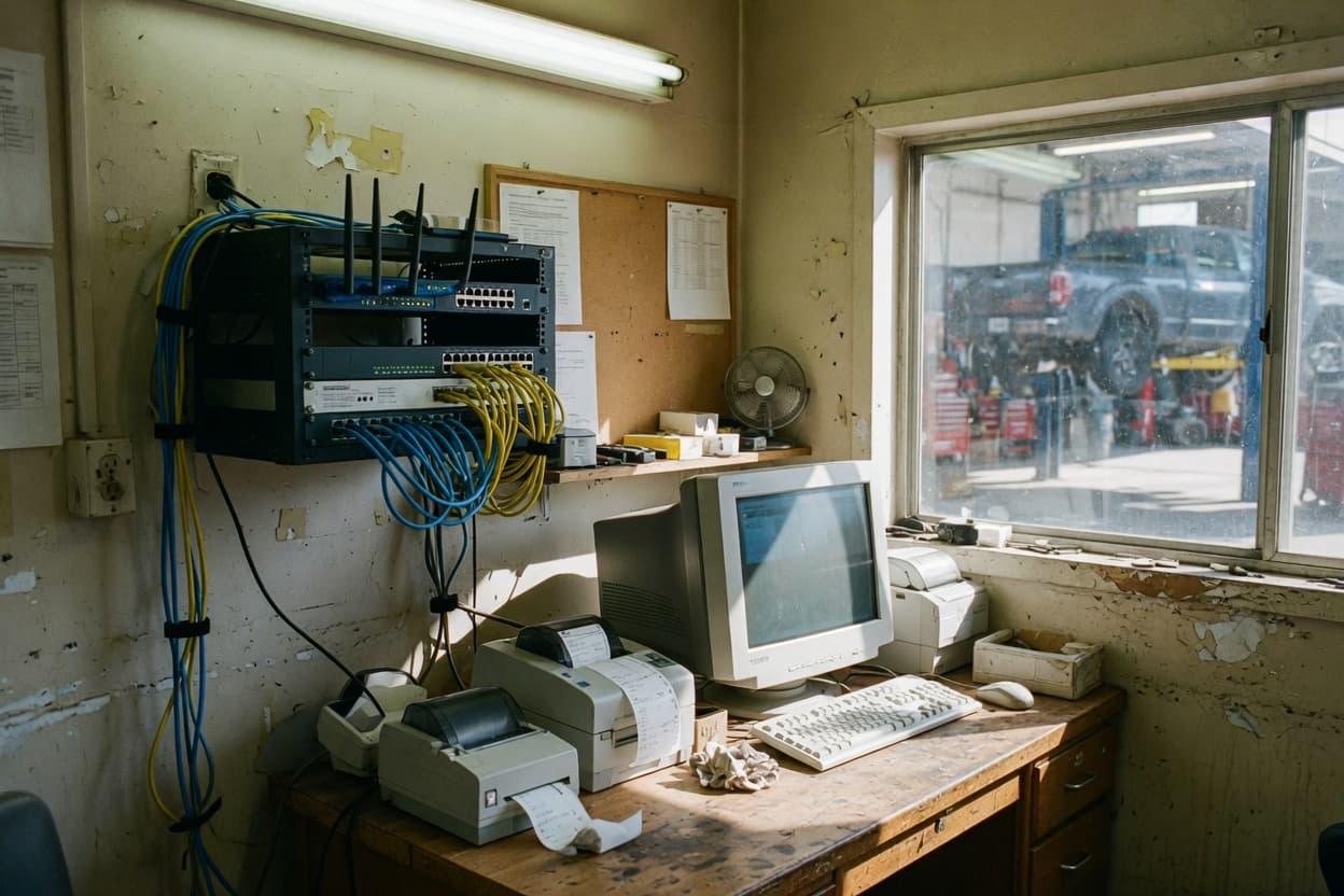 The back office of a Kennewick auto shop: a small wall-mounted network rack with bundled blue and yellow cables above a desk with an old monitor and receipt printers, the service bay through the window.