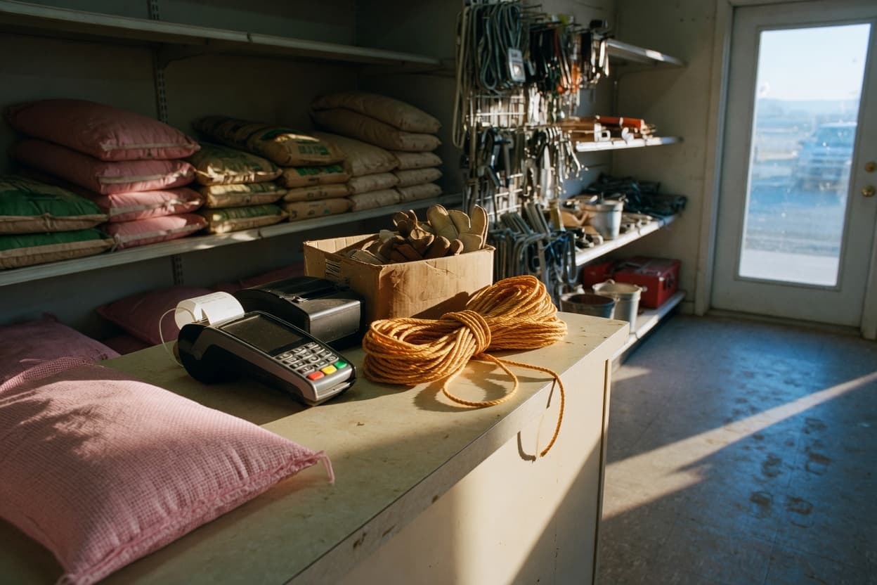 A farm and ranch supply counter in Pasco at eight in the morning: a card terminal and receipt printer, a box of gloves and a coil of rope, feed bags on the shelves behind, low sun through the door.