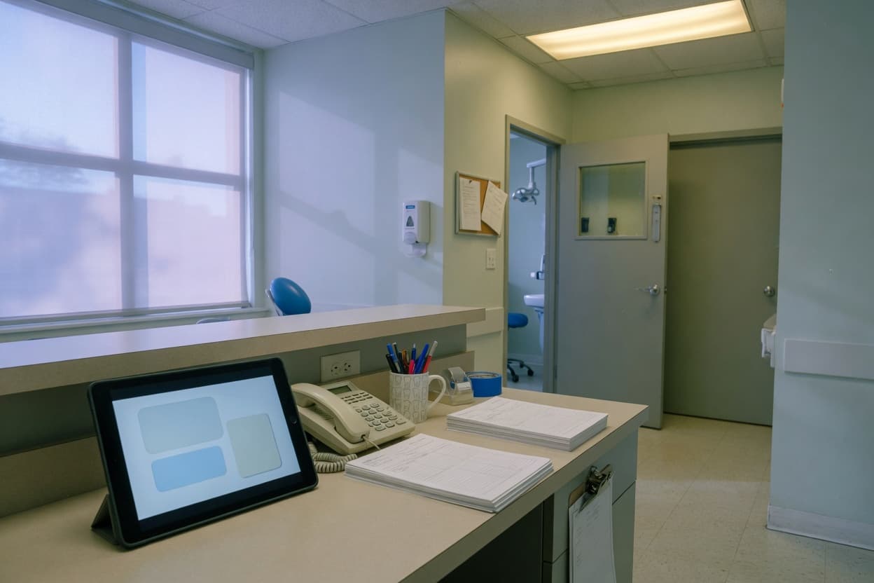 A dental office front desk in Richland before opening: a tablet on a stand, a landline phone and a stack of blank forms, morning light through the window.